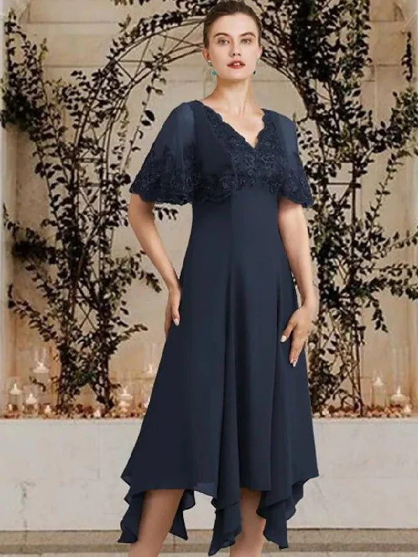 A-Line Mother of the Bride Dress Plus Size Elegant V Neck Asymmetrical Tea Length Chiffon Lace Sleeveless with Appliques