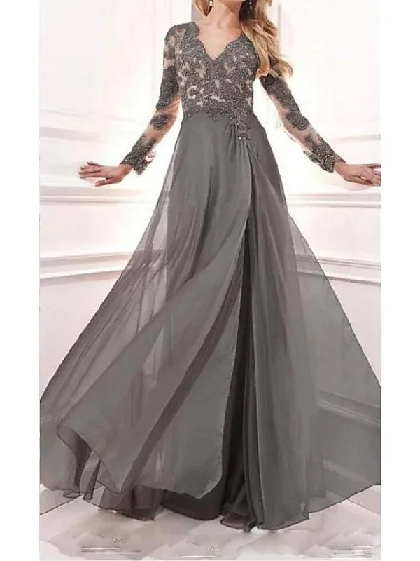 A-Line Mother of the Bride Dress Elegant V Neck Sweep / Brush Train Chiffon Lace Satin Long Sleeve with Pattern / Print Split Front A-Line Mother of the Bride Dress Elegant V Neck Sweep / Brush Train Chiffon Lace Satin Long Sleeve with Pattern / Print Split Front