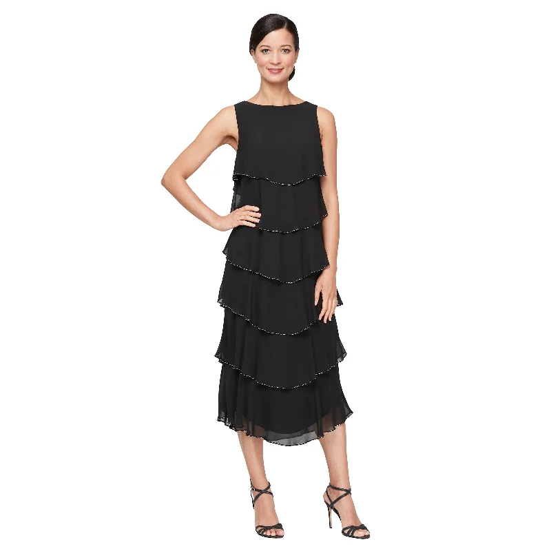 SL Fashions 9170734 Beaded Long Formal Tiered Tea Length Dress