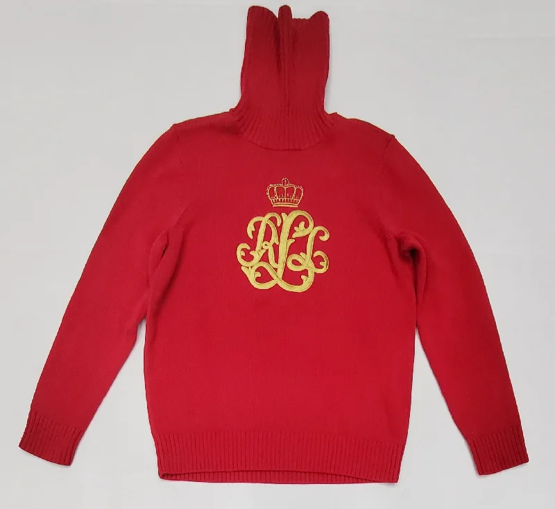 Nwt Lauren Ralph Lauren Women's Red RL Crown Turtleneck Sweater Velvet Chenille Corduroy