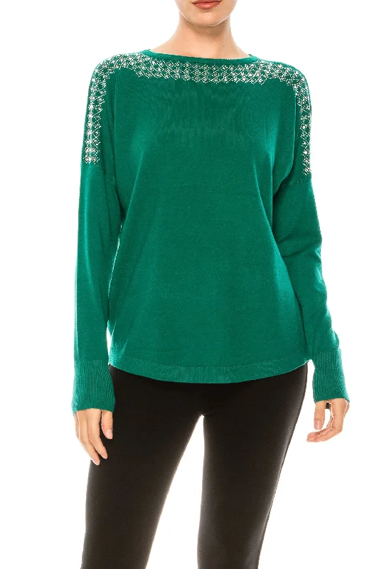 Aaeda Long Sleeve Rhinestone Sweater Top (Additional Colors) Terry Blend Velvet Blend Canvas Blend