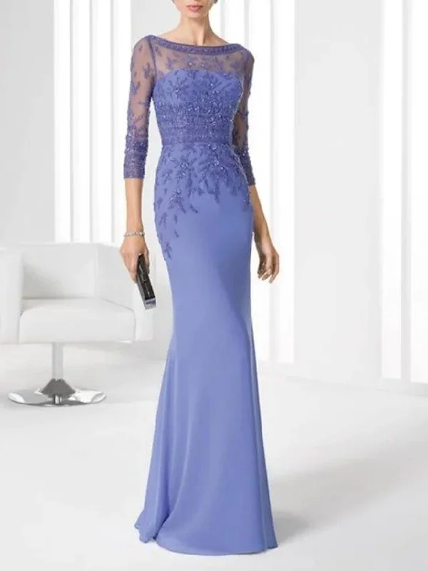 Mermaid / Trumpet Mother of the Bride Dress Elegant Illusion Neck Floor Length Chiffon 3/4 Length Sleeve with Lace Mermaid / Trumpet Mother of the Bride Dress Elegant Illusion Neck Floor Length Chiffon 3/4 Length Sleeve with Lace