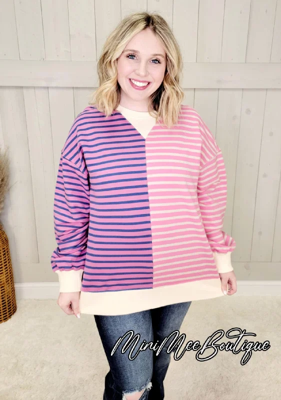 Pink/Purple Striped Women's Sweater Elasticated Padded Insulated
