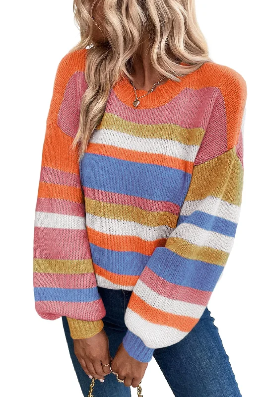 Multicolour Striped Knit Drop Shoulder Puff Sleeve Sweater Iron Safe Non-Iron Wrinkle Free