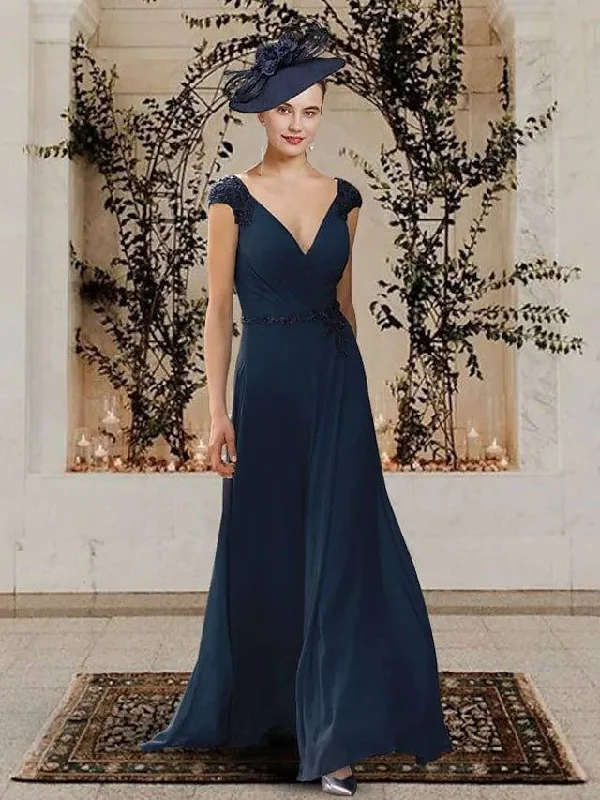 A-Line Mother of the Bride Dress Elegant V Neck Sweep / Brush Train Chiffon Cap Sleeve with Beading A-Line Mother of the Bride Dress Elegant V Neck Sweep / Brush Train Chiffon Cap Sleeve with Beading