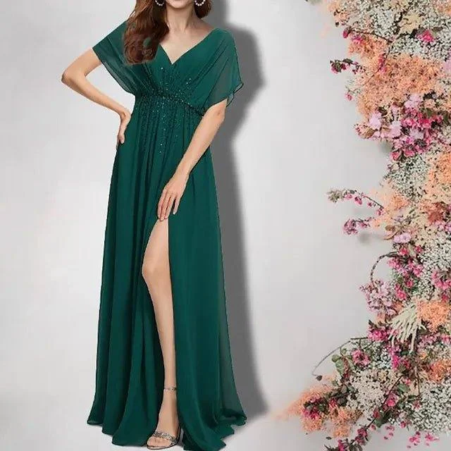 A-Line Mother of the Bride Dress Plus Size Elegant V Neck Floor Length Chiffon Short Sleeve with Pleats Beading Split Front A-Line Mother of the Bride Dress Plus Size Elegant V Neck Floor Length Chiffon Short Sleeve with Pleats Beading Split Front