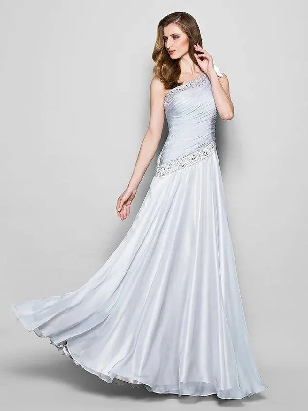 A-Line Mother of the Bride Dress Elegant One Shoulder Floor Length Chiffon Sleeveless with Bow(s) Crystals Beading