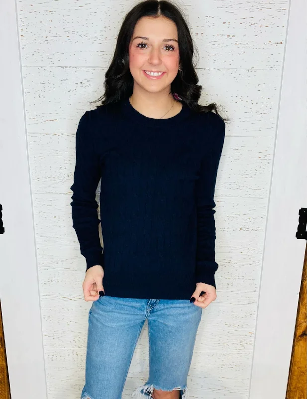 Navy Cable Knit Sweater Spandex Blend Rayon Blend Denim Blend