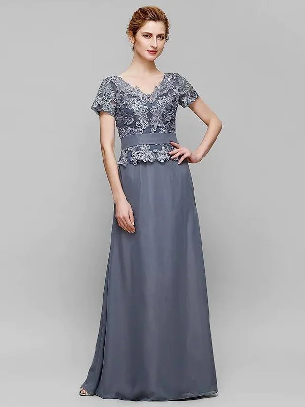 Sheath / Column Mother of the Bride Dress Elegant V Neck Floor Length Chiffon Lace Short Sleeve with Lace Sheath / Column Mother of the Bride Dress Elegant V Neck Floor Length Chiffon Lace Short Sleeve with Lace