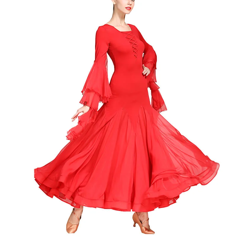 Square Neck Long Sleeve Ballroom Dress with Lace