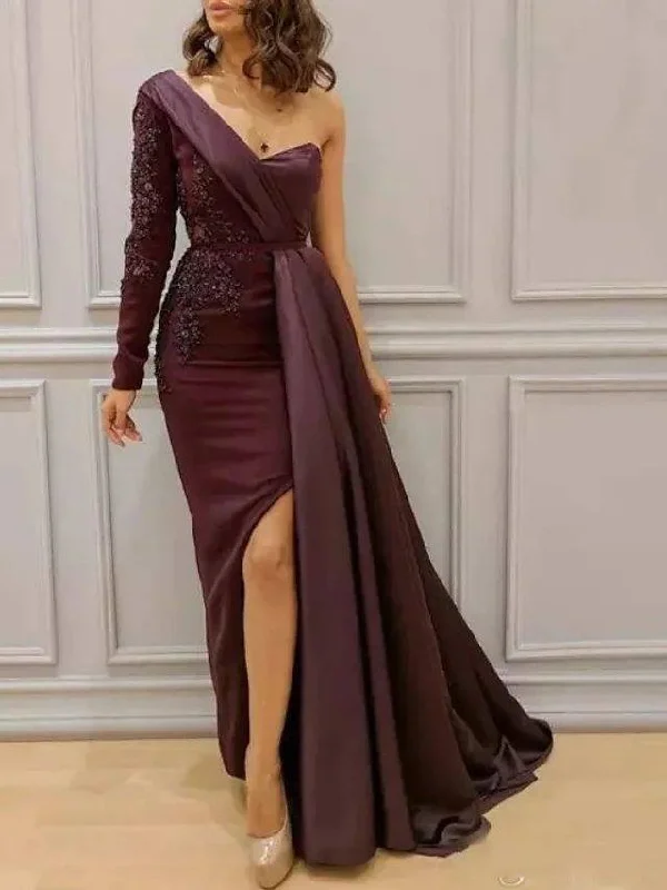 Sheath / Column Mother of the Bride Dress Elegant Sexy One Shoulder Sweep / Brush Train Lace Satin Long Sleeve with Appliques Split Front Sheath / Column Mother of the Bride Dress Elegant Sexy One Shoulder Sweep / Brush Train Lace Satin Long Sleeve with Appliques Split Front