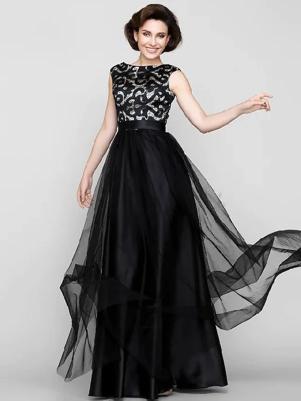 A-Line Mother of the Bride Dress Vintage Inspired Scoop Neck Floor Length Tulle Sleeveless with Pattern / Print A-Line Mother of the Bride Dress Vintage Inspired Scoop Neck Floor Length Tulle Sleeveless with Pattern / Print
