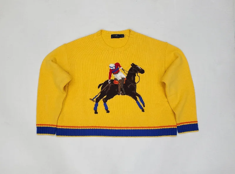 Nwt Polo Ralph Lauren Women's Yellow Polo Player Cropped Sweater Fitted Slim Tailored