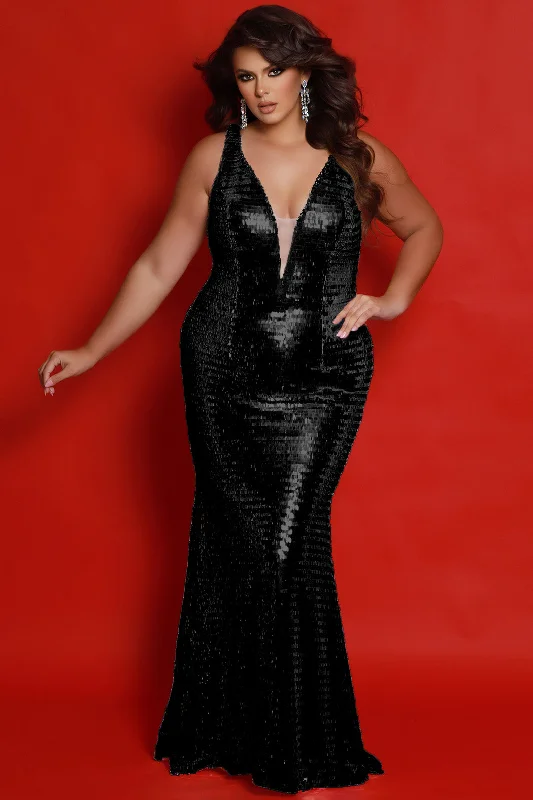 Sydneys Closet JK2405 Fitted Long Layered Sequin Formal Plus Size Evening Dress