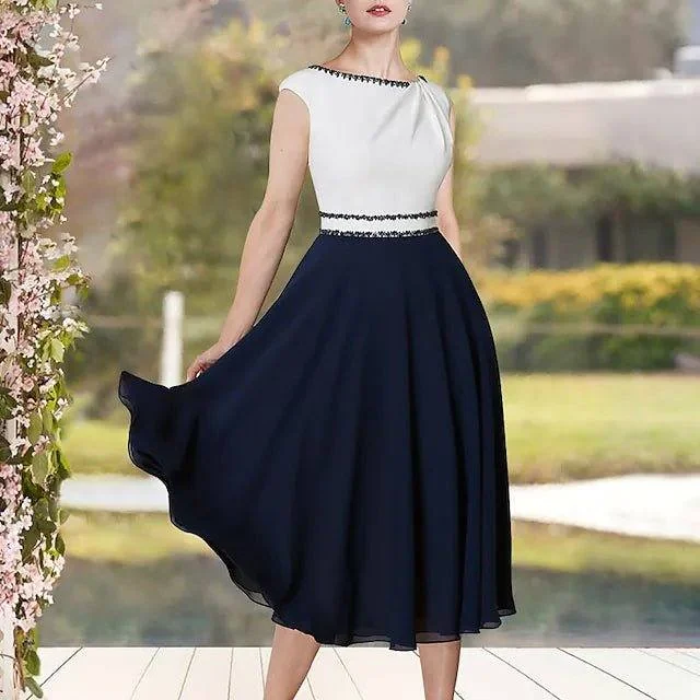 A-Line Mother of the Bride Dress Elegant Jewel Neck Tea Length Chiffon Satin Cap Sleeve with Sash / Ribbon Beading