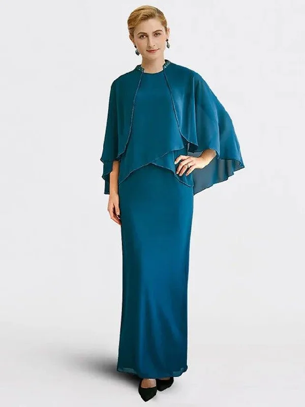 Sheath / Column Mother of the Bride Dress Plus Size Elegant Jewel Neck Floor Length Chiffon Short Sleeve Sleeveless with Beading Ruffles