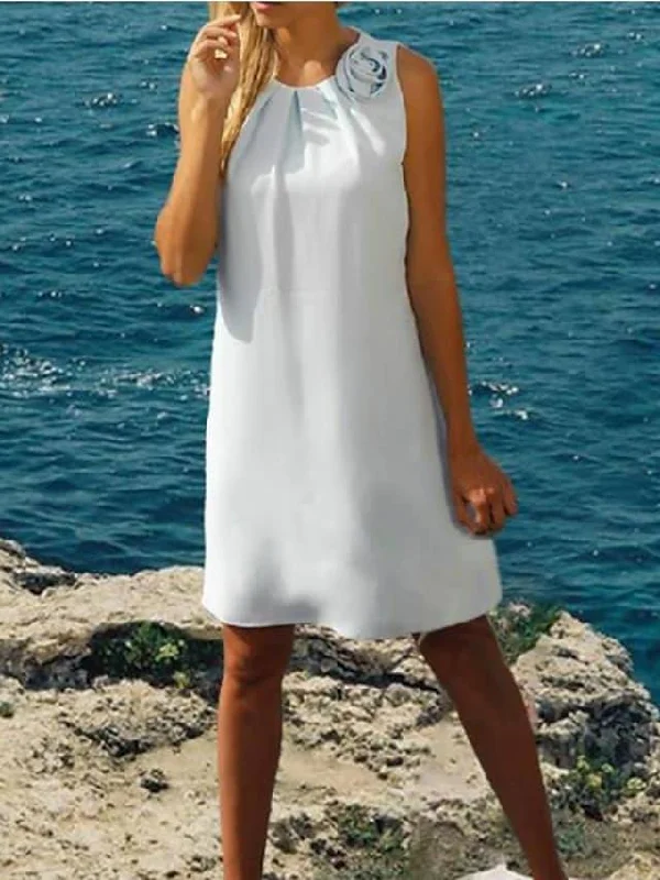 A-Line Mother of the Bride Dress Simple Elegant Jewel Neck Knee Length Chiffon Sleeveless with Flower