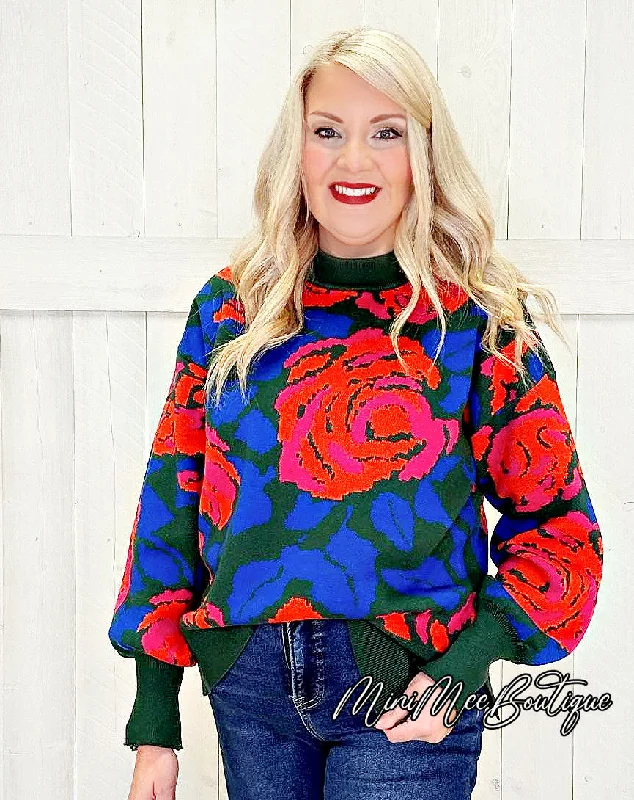Floral Green Sweater High Neck Crew Neck V-Neck