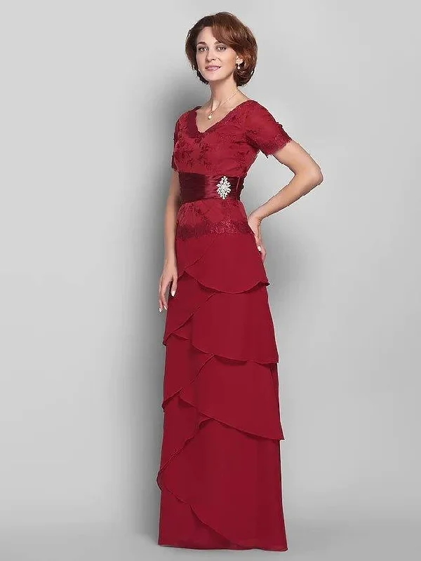 Sheath / Column Mother of the Bride Dress Vintage Inspired V Neck Floor Length Chiffon Lace Short Sleeve with Lace Sheath / Column Mother of the Bride Dress Vintage Inspired V Neck Floor Length Chiffon Lace Short Sleeve with Lace