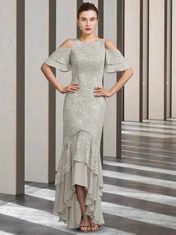 Sheath / Column Mother of the Bride Dress Elegant Jewel Neck Floor Length Chiffon Lace Short Sleeve with Ruffles