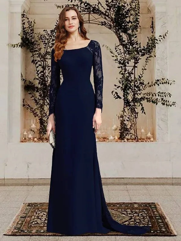 Sheath / Column Mother of the Bride Dress Elegant Scoop Neck Sweep / Brush Train Chiffon Lace Long Sleeve with Appliques
