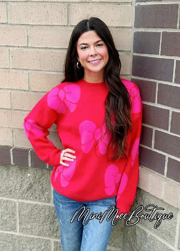 Red/Pink Bow Sweater Boat Neck Shawl Collar Notched Collar
