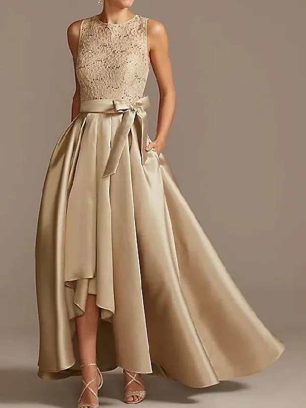 A-Line Mother of the Bride Dress Elegant Jewel Neck Asymmetrical Satin Sleeveless with Bow(s) A-Line Mother of the Bride Dress Elegant Jewel Neck Asymmetrical Satin Sleeveless with Bow(s)