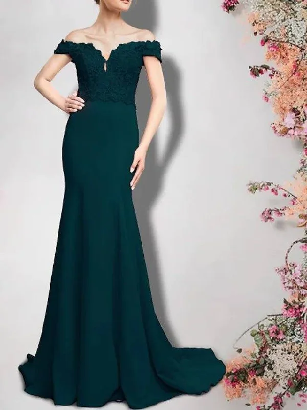 Mermaid / Trumpet Mother of the Bride Dress Elegant Off Shoulder Sweep / Brush Train Lace Stretch Chiffon Short Sleeve with Appliques