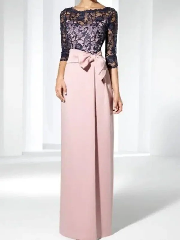 Sheath / Column Mother of the Bride Dress Elegant Jewel Neck Floor Length Lace Satin 3/4 Length Sleeve with Bow(s) Sheath / Column Mother of the Bride Dress Elegant Jewel Neck Floor Length Lace Satin 3/4 Length Sleeve with Bow(s)