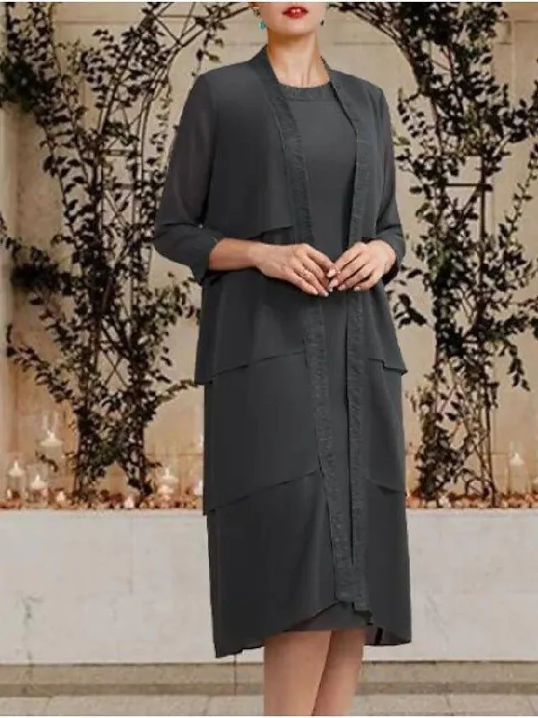 Two Piece Sheath / Column Mother of the Bride Dress Elegant Wrap Included Jewel Neck Tea Length Chiffon Lace Sleeveless with Cascading Ruffles
