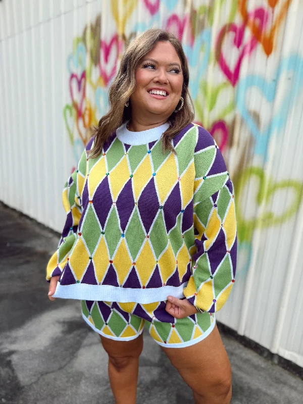 Queen of Sparkles Multi Mardi Gras Diamond Pattern Sweater Sequined Glittery Shiny