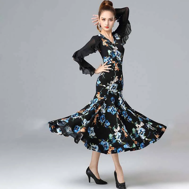 Flower Print Ruffle Sleeve Ballroom Dress with Mesh