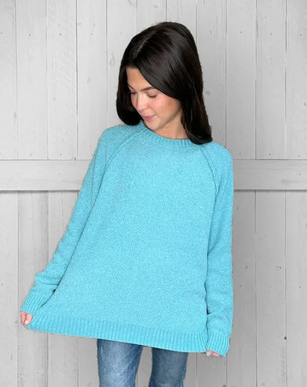 Turquoise Chenille Sweater Hooded Caped Shawl Collar