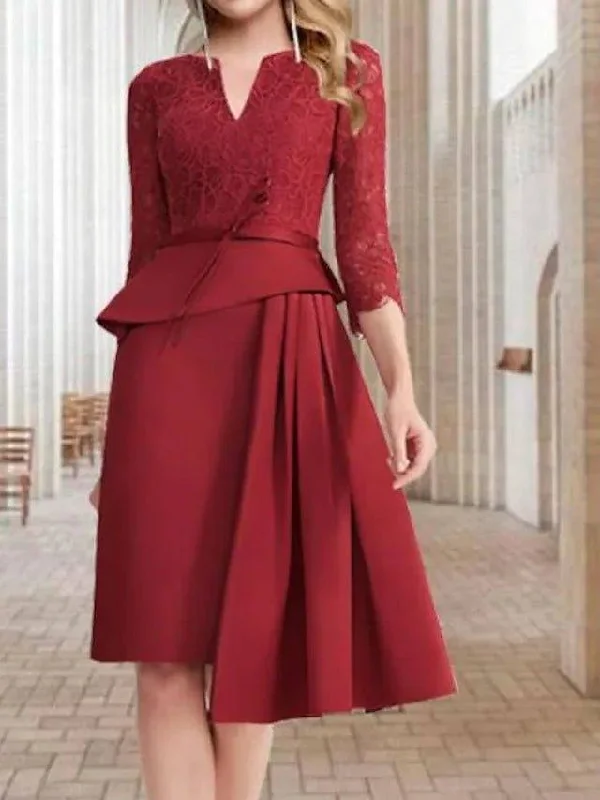 Sheath / Column Mother of the Bride Dress Elegant Jewel Neck Knee Length Lace Stretch Fabric 3/4 Length Sleeve with Ruffles Side-Draped Sheath / Column Mother of the Bride Dress Elegant Jewel Neck Knee Length Lace Stretch Fabric 3/4 Length Sleeve with Ruffles Side-Draped