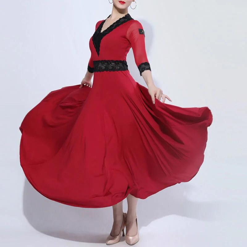 V Neck 3/4 Length Sleeve Ballroom Dress with Lace