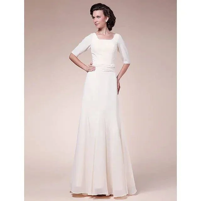 A-Line Mother of the Bride Dress Square Neck Floor Length Chiffon Half Sleeve with Ruched A-Line Mother of the Bride Dress Square Neck Floor Length Chiffon Half Sleeve with Ruched