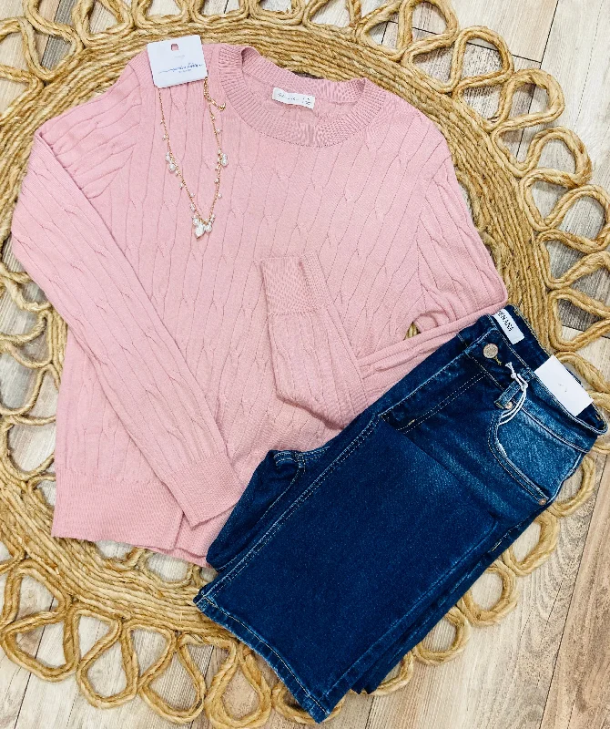 Women’s Blush Pink Cable Knit Sweater Embroidered Appliqued Beaded