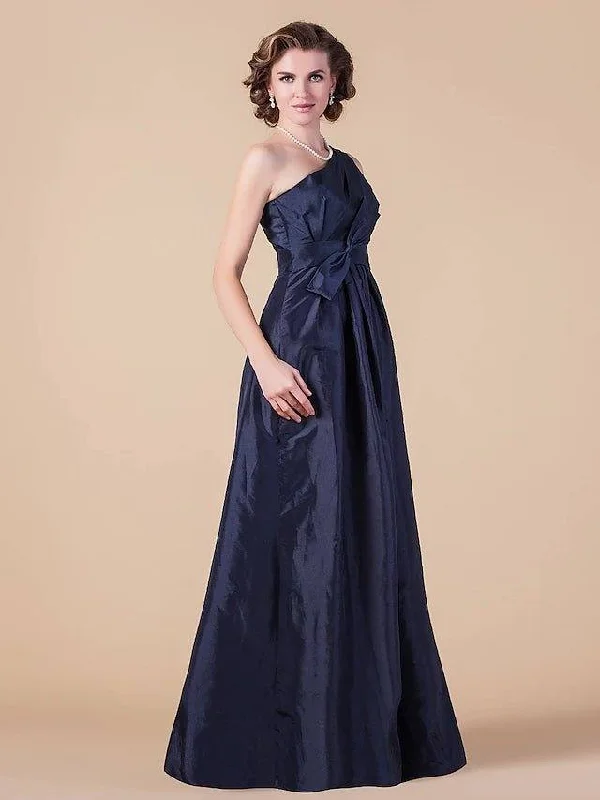 A-Line Mother of the Bride Dress One Shoulder Floor Length Taffeta Sleeveless with Sash / Ribbon Bow(s) Side Draping