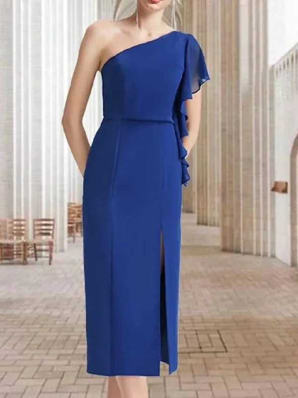 Sheath / Column Mother of the Bride Dress Elegant Sexy One Shoulder Tea Length Chiffon Stretch Fabric Sleeveless with Split Front