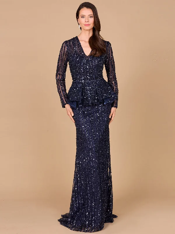 Lara Dresses 29038 Long Sleeve Beaded Formal Peplum Evening Dress