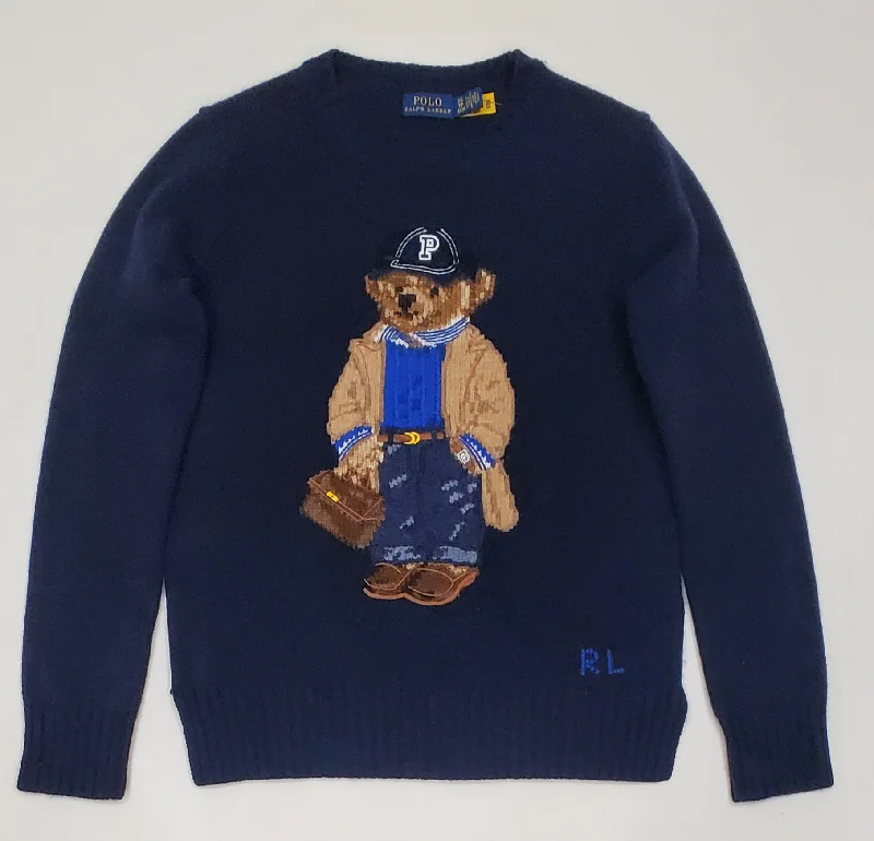 Nwt Polo Ralph Lauren Women's Navy Wool Blend Sweater Silk Blend Satin Velvet