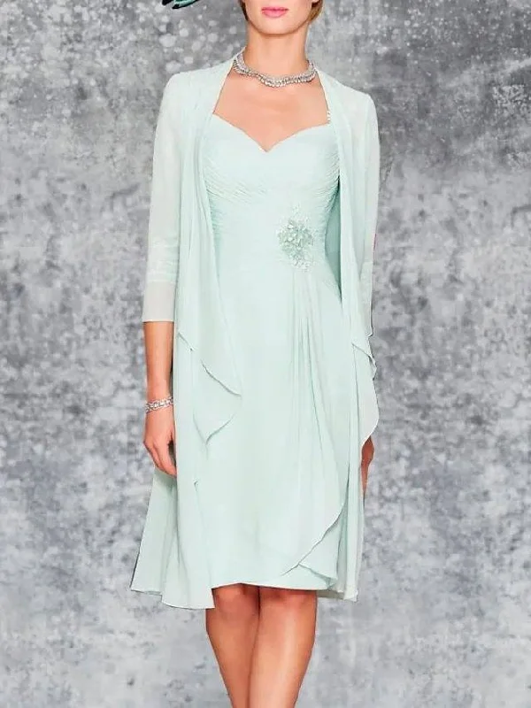 Two Piece Sheath / Column Mother of the Bride Dress Elegant Sweetheart Neckline Knee Length Chiffon 3/4 Length Sleeve with Pleats Embroidery Two Piece Sheath / Column Mother of the Bride Dress Elegant Sweetheart Neckline Knee Length Chiffon 3/4 Length Sleeve with Pleats Embroidery