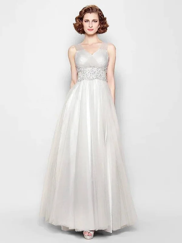 A-Line Mother of the Bride Dress Open Back V Neck Floor Length Tulle Sleeveless with Criss Cross Beading Appliques