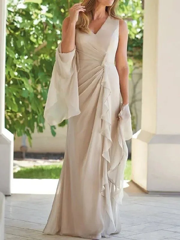 Sheath / Column Mother of the Bride Dress Elegant Plunging Neck Floor Length Chiffon Sleeveless with Ruffles Ruching Sheath / Column Mother of the Bride Dress Elegant Plunging Neck Floor Length Chiffon Sleeveless with Ruffles Ruching