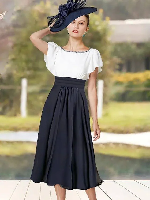 A-Line Mother of the Bride Dress Elegant Vintage Jewel Neck Floor Length Chiffon Short Sleeve with Pleats Ruched Beading