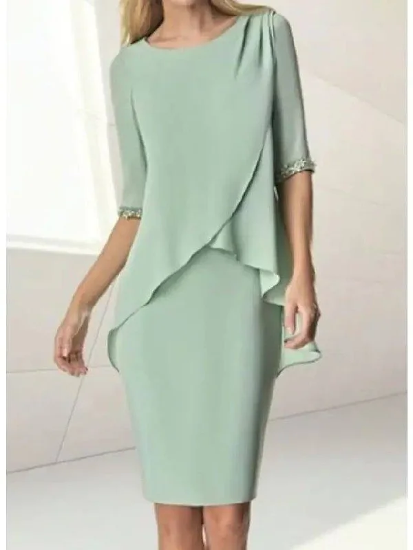 Sheath / Column Mother of the Bride Dress Elegant Jewel Neck Knee Length Chiffon Half Sleeve with Beading Ruching Sheath / Column Mother of the Bride Dress Elegant Jewel Neck Knee Length Chiffon Half Sleeve with Beading Ruching