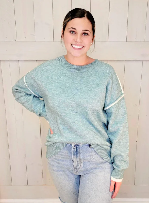 Solid Sweater with White Seams Zippered Buttoned Snapped