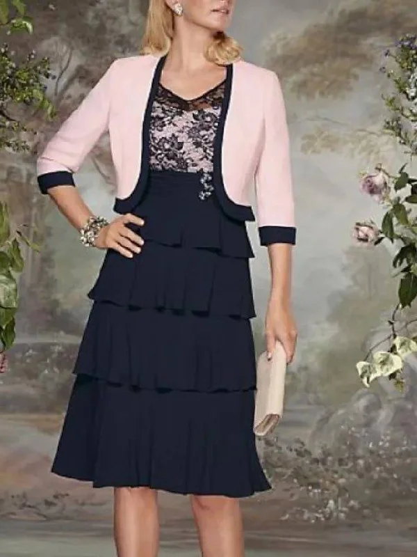 A-Line Mother of the Bride Dress Wrap Included V Neck Knee Length Lace Jersey 3/4 Length Sleeve with Tier Ruching