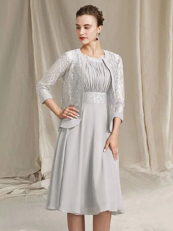 Two Piece A-Line Mother of the Bride Dress Elegant Wrap Included Jewel Neck Knee Length Chiffon Lace Sleeveless with Pleats Appliques Two Piece A-Line Mother of the Bride Dress Elegant Wrap Included Jewel Neck Knee Length Chiffon Lace Sleeveless with Pleats Appliques