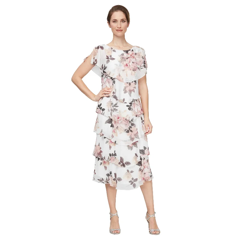 SL Fashions 9171803 Midi Floral Printed Tiered Cocktail Dress